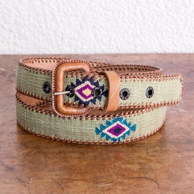 Mens leather and cotton belt, Woven Diamonds in Olive