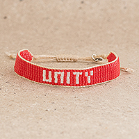 Glass beaded bracelet, 'Unity in Red' - Red and White Glass Beaded Woven Bracelet with Sliding Knot