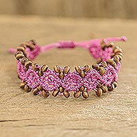 Beaded macrame bracelet, 'Azalea Diamonds' - Azalea Macrame Bracelet with Wood Beads from Guatemala