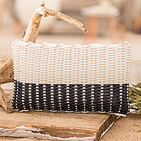 Handwoven cosmetic bag, 'Light over Darkness' (small) - White and Black Recycled Vinyl Cord Cosmetic Bag (Small)