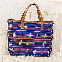 Cotton tote bag, 'Champerico Bound' - Hand Woven Blue Multicolor Cotton Tote Purse from Guatemala
