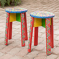 Wood stools, 'Flowery Turtle' (pair) - Hand-Painted Wood Stools with Flowers and Sea Turtles (Pair)
