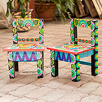Wood decorative stools, 'Free Orange Bird' (pair) - Hand-Painted Decorative Mini Stools from Guatemala