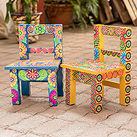 Wood decorative stools, 'Elephant and Iguana' (pair) - Hand-Painted Decorative Mini Stools from Guatemala