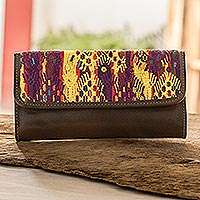Cotton accent leather wallet, 'Maya Huipil' - Brown Leather Tri-Fold Wallet with Mayan Design Cloth