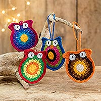 Crocheted ornaments, 'Festive Owls' (set of 4) - Artisan Hand-Crocheted Ornaments (set of 4)