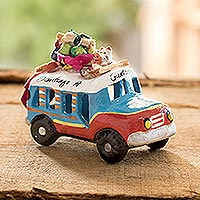 Mini ceramic sculpture, 'Blue and Red Old Time Bus' - Guatemala 3 Inch Red and Blue Ceramic Bus Figurine