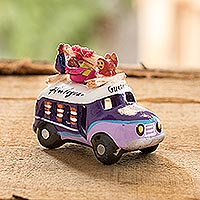 Mini ceramic sculpture, 'Purple Market Bus' - 2 Inch Purple Ceramic Mini Bus Figurine from Guatemala