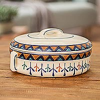 Ceramic covered casserole dish, 'Antigua Breeze' - Ceramic Hand Painted Round Covered Casserole Dish