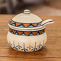 Ceramic sugar bowl and spoon, 'Antigua Breeze' - Off White Ceramic Sugar Bowl with Geometric Design