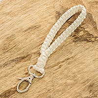 Cotton macrame key chain, 'Knotted Ivory Band' - 100% Cotton Macrame Strap Key Chain with Pewter Clasp