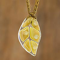 Art glass pendant necklace, 'Yellow Rainforest Drop' - Golden Yellow Glass Leaf Pendant Necklace with Cord