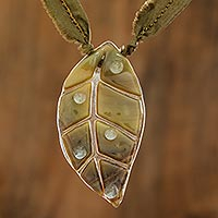 Art glass pendant necklace, 'Olive Rain Forest Drop' - Olive Green Glass Leaf Pendant Necklace with Ribbon