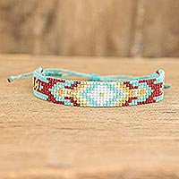 Beaded wristband bracelet, 'Bohemian Diamond' - Turquoise Red and Yellow Diamond Patterned Wristband
