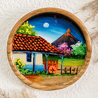 Cedar decorative plate, 'Volcano View' - Cedar Wood Hand-Painted Decorative Plate from Costa Rica
