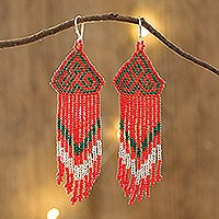 Beaded waterfall earrings, 'Scarlet Pines' - Handmade Red and Green Beaded Long Waterfall Earrings