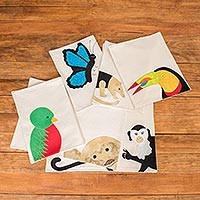 Cotton applique placemats, 'Rain Forest Friends' (set of 6) - 6 Cotton Canvas Applique Animal Theme Placemats