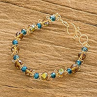 Crystal beaded bracelet, 'Blue and Honey' - Blue and Honey Crystal Beaded Link Bracelet from Costa Rica