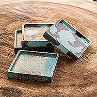 Cement coasters, 'Rustic Fusion' (set of 4) - Molded Cement Square Coasters in Blue and Black (Set of 4)
