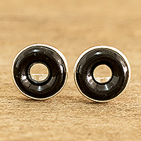 Jade button earrings, 'Cosmic Eternity' - Black Jade Sterling Silver Button Earrings from Guatemala