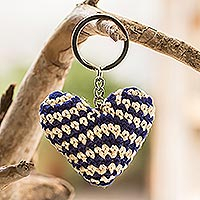 Crocheted key fob, 'Cherished Heart' - Blue and Ivory Heart Key Fob