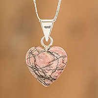 Rhodonite Pendant Necklace, 'Pink Maya Heart' - Natural Rhodonite Pendant Necklace