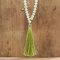 Long beaded tassel necklace, 'Sea Crystals in Aqua' - Handmade Agate and Crystal Beaded Aqua Long Tassel Necklace
