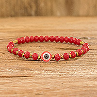Beaded stretch bracelet, 'Protection in Red' - Handmade Crystal Beaded Red Stretch Bracelet from Costa Rica