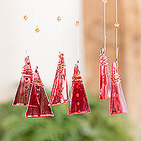 Recycled glass windchime, 'Red Illusion' - Recycled Glass Red Geometric Windchime Crafted in Costa Rica