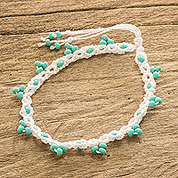 Beaded macrame anklet, 'Aqua Charm' - Guatemalan Artisan Crafted Macrame Anklet with Teal Beads