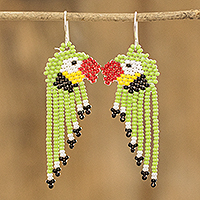 Beaded waterfall earrings, 'Macaws in Kiwi' - Guatemalan Nature-Inspired Glass Beaded Waterfall Earrings