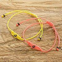 Beaded macrame bracelets, 'Art of Knots in Sun and Peach' (pair) - Handcrafted Beaded Macrame Bracelets (Pair)