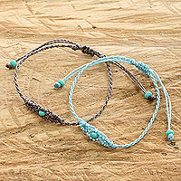 Beaded macrame bracelets, 'Art of Knots in Aqua and Grey' (pair) - Handcrafted Macrame Cord Bracelets with Beads (Pair)