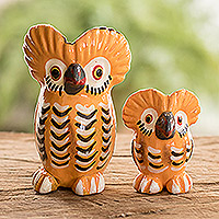 Ceramic figurines, 'Owls of Good Fortune' (pair) - 2 Handcrafted Ginger Orange Ceramic Owl Figurines