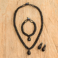 Beaded jewelry set, 'Finesse in Black' - Beaded Pendant Necklace Earrings and Bracelet Jewelry Set