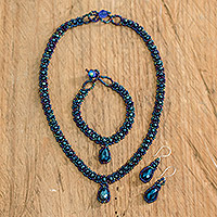 Beaded jewelry set, 'Finesse in Blue' - Beaded Pendant Necklace Earrings and Bracelet Jewelry Set