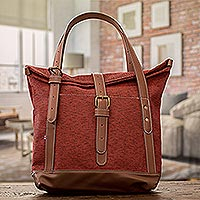 Leather-accented shoulder bag, 'Fancy Miss in Crimson' - Leather-Accented Shoulder Bag in Crimson