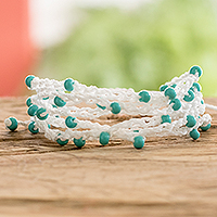 Beaded macrame bracelet, 'Marine Charm' - Handmade White Beaded Macrame Bracelet from Guatemala