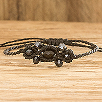 Beaded macrame bracelet, 'Dreams in Coal-Black' - Black Crystal Beaded Macrame Bracelet Crafted in Guatemala
