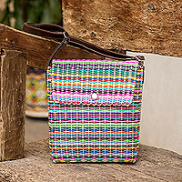 Handwoven sling, 'Joyful Festivity' - Multicolor Sling and Faux Leather Strap Crafted in Guatemala
