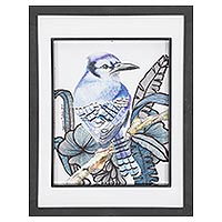 'Lovely Blue Jay' - Bird Themed Crayon & Marker on Paper Drawing from Guatemala