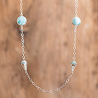 Jade and larimar station necklace, 'Precious Union' - Sterling Silver Station Necklace with Jade and Larimar Gems