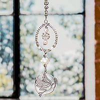 Crystal and glass beaded suncatcher, 'Olive Branch' - Crystal and Glass Beaded Suncatcher with Peace Pendant
