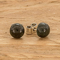 Jade stud earrings, 'Jade Shadows' - Sterling Silver Stud Earrings with Green Jade Beads