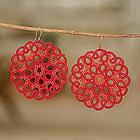 Hand-tatted dangle earrings, 'Life Harmony in Red' - Hand-Tatted Red Dangle Earrings with Glass Beads