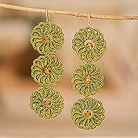 Hand-tatted dangle earrings, 'Green Paradise' - Guatemalan Hand-Tatted Floral Dangle Earrings in Green