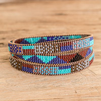 Glass beaded wrap bracelet, 'Geometric Tradition' - Geometric Glass Beaded Wrap Bracelet in Cool Palette