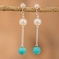 Cultured pearl and turquoise beaded dangle earrings, 'Innocence and Hope' - Polished Cultured Pearl and Turquoise Beaded Dangle Earrings