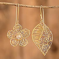 Crystal beaded dangle earrings, 'Nature's Mix' - Gold-Toned Copper Wire & Crystal Beaded Mismatched Earrings