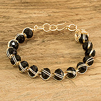 Crystal beaded bracelet, 'Glamorous Dark Feeling' - Black Crystal Beaded Bracelet with Gold-Toned Copper Wires